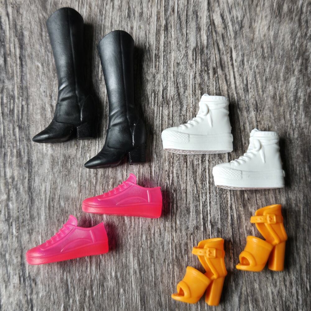 Four (4) Pair Barbie Shoes Pink Sneakers Black Boots White High Top Orange Heels